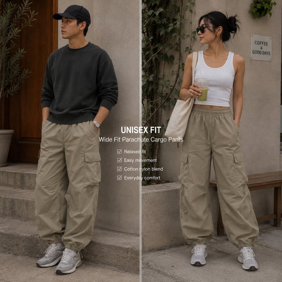 Uniqlo Pants - Uniqlo Wide Fit Parachute Military Green Nylon Cargo Pants Utility Drawstring L